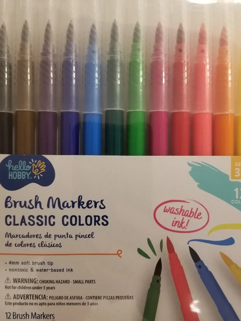 Hello Hobby Brush Markers 12 Classic Colors Washable NIP